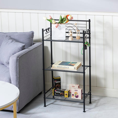 L&H UNICO 3-Tier Free Standing Wire Rack Durable Metal Shelving Storage Unit with Adjustable Feet 4-Hook for Bathroom Laundry Kitchen Office, Black L&H UNICO