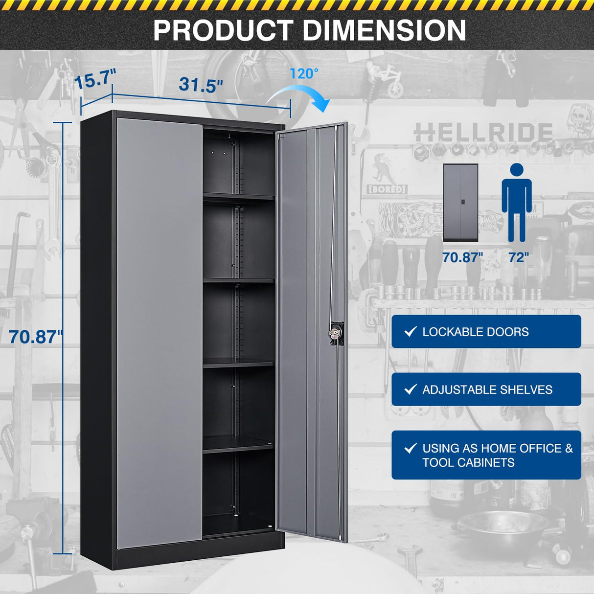 Fesbos 71” Tall Metal Storage Cabinet- Steel File Cabinets with Lockable Doors and Adjustable Shelves-Black&Gray Steel Storage Cabinet for Home,Kitchen, School, Office, Garage Fesbos