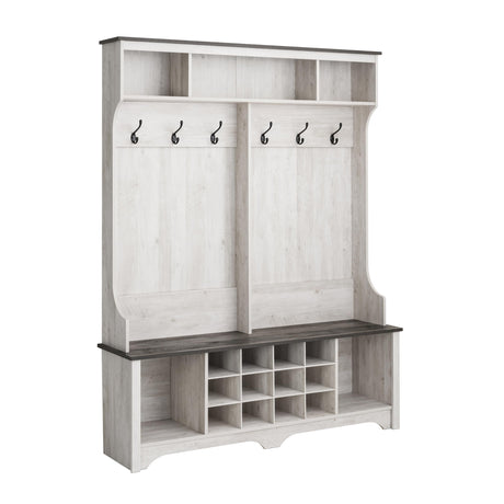 Prepac Farmhouse Washed White Hall Tree, Shoe Cabinet, Storage Cabinet with 12 Shoe Cubbies, 2 Boot Cubbies and 6 Double Coat Hooks 15.5" D x 60" W x 77" H Prepac