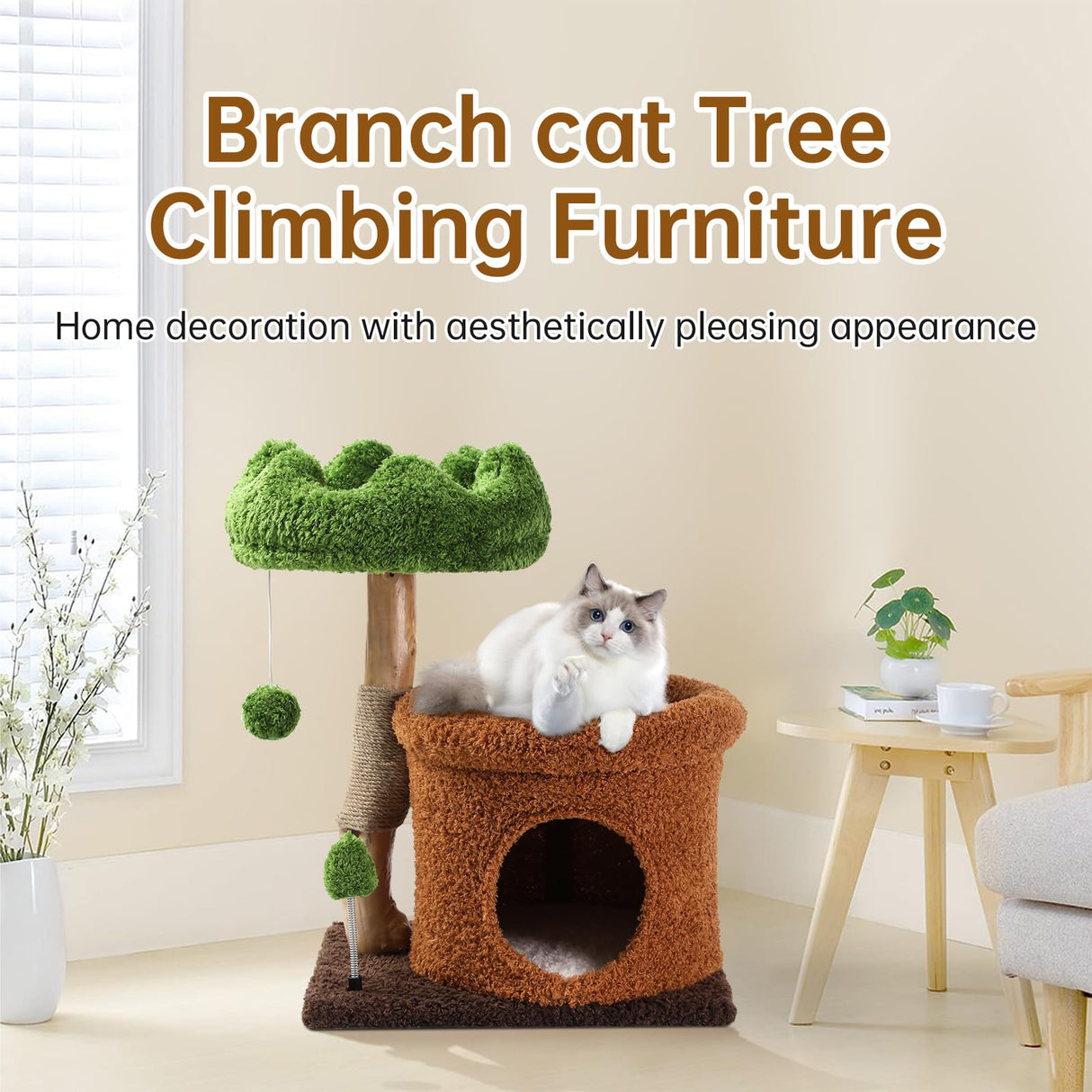 Small Cat Tree for Indoor Cats Large Adult, Cats Climbing Tower with Scratching Post, Cat Condo, Green Wood Cats Tree, Flower Cat Trees, Modern Cute Cat Tree with Dangling Ball (Mnit Green) Yungaspy