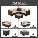 WAROOM Outdoor Patio Furniture Set 4 Piece Brown Rattan Sectional Sofa Couch PE Wicker Conversation Sets with Storage Box Glass Top Table and Non-Slip Khaki Cushion WAROOM