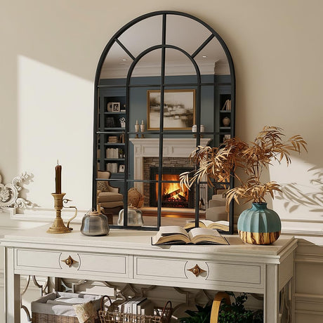 BEAUTYPEAK Windowpane Arched Wall Mirror, 36"x24" Inch Wall Mounted Mirror with Metal Frame, Farmehouse Grid-Designed Decorative for Entryway, Living Room, Home Decor, Black BEAUTYPEAK