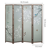 MyGift 4-Panel Asian-Inspired Folding Room Divider with Cherry Blossom Tree & Bird Design Poetry Calligraphy and Brown Wooden Frame MyGift