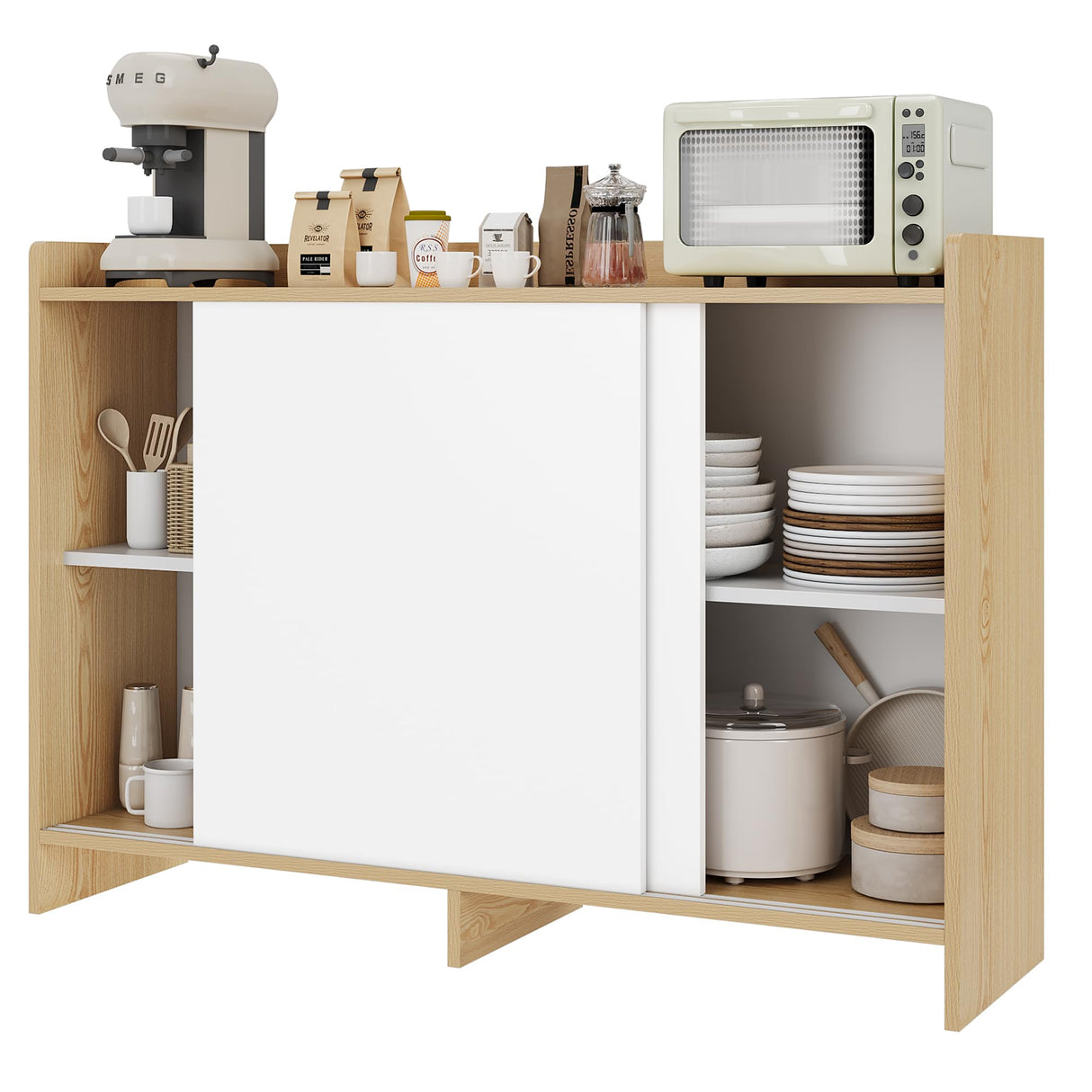 HIFIT Kitchen Buffet Cabinet with Storage, 43" Farmhouse Modern Coffee Bar Storage Cabinet with Sliding Doors/Shelf/Microwave Stand, Accent Sideboard for Kitchen Dining Living Room Entryway, White-Oak HIFIT