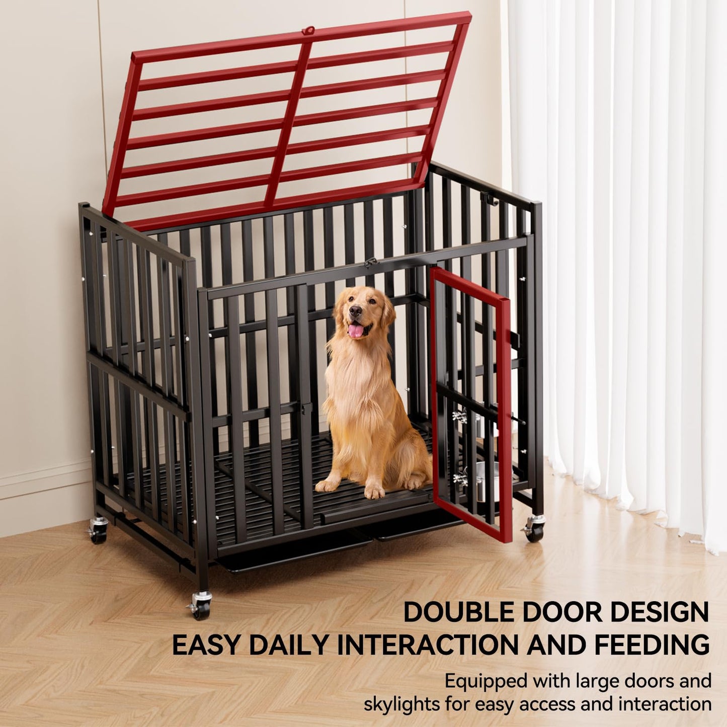 Cubangaroo 42/38-Inch Heavy Duty Rugged Dog Crate, Escape Proof Crate Indoor with Two Dog Bowls with Lockable Wheels, High Anxiety Double Doors for Medium to Large Dogs with Removable Tray