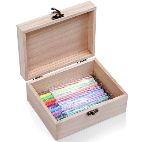 Unfinished Wooden Box Jewelry Storage Case for Crafts,Unpainted Wood Treasure Organizer with Hinged Lid for DIY,Halloween,Weddings Supplies-6.69 x 5.12 x 3.15 In Box with 12 Pcs Watercolor Brush Pens JHOGAN8