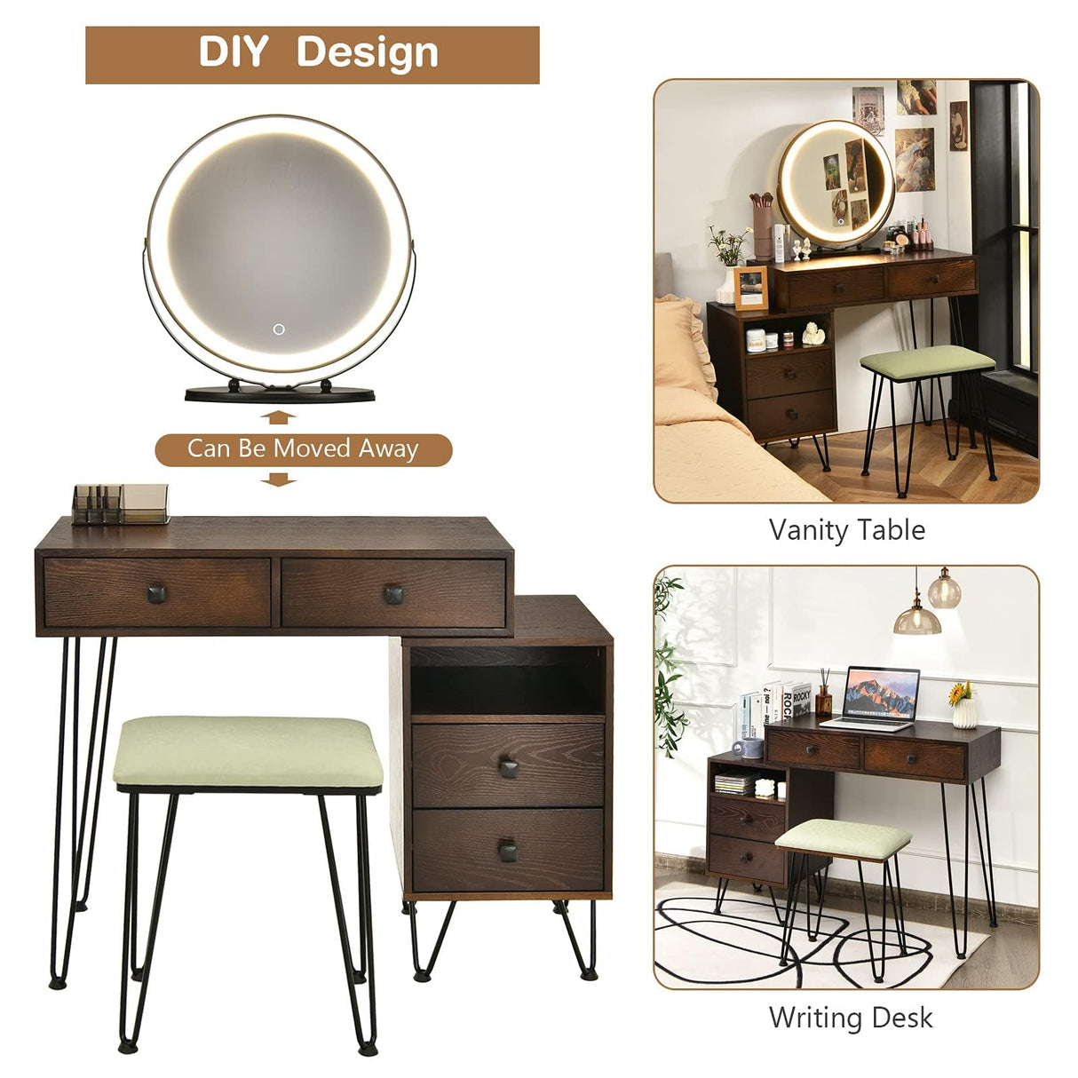 Byroce Vanity Desk w/Lights & Mirror, Makeup Vanity Set w/ 4 Large Drawers & Jewelries Organizer, 3 Color Light Options, Industrial Dressing Table & Stool (Espresso) WoodArtSupply
