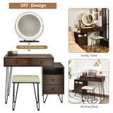 Byroce Vanity Desk w/Lights & Mirror, Makeup Vanity Set w/ 4 Large Drawers & Jewelries Organizer, 3 Color Light Options, Industrial Dressing Table & Stool (Espresso) WoodArtSupply