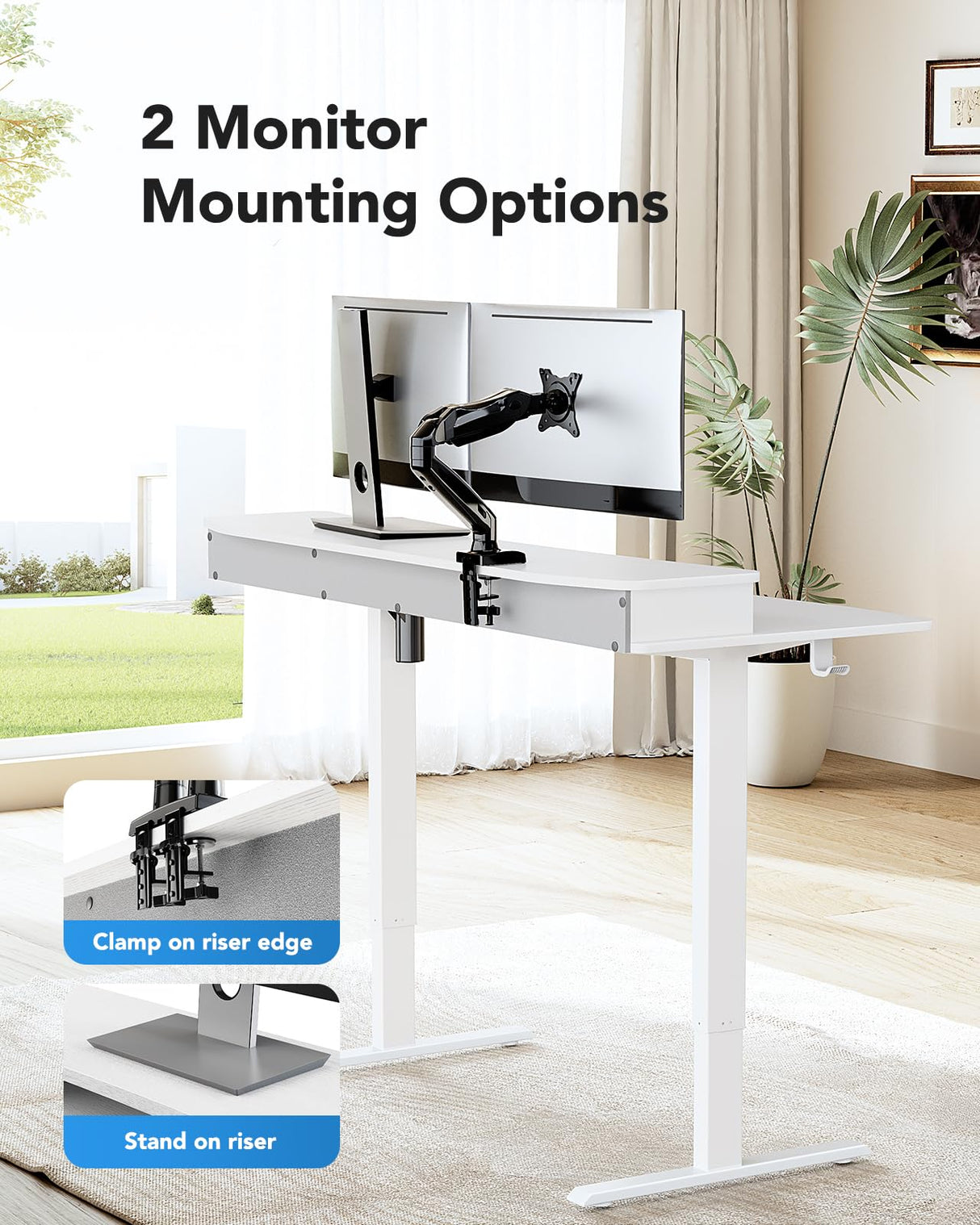 HUANUO 48″ x 24″ Electric Standing Desk with 2 Drawers, C-Clamp Mount Compatible, Height Adjustable Computer Desk, Home Office Stand Up Desk with 4 Preset Heights & 2 Hooks, White HUANUO
