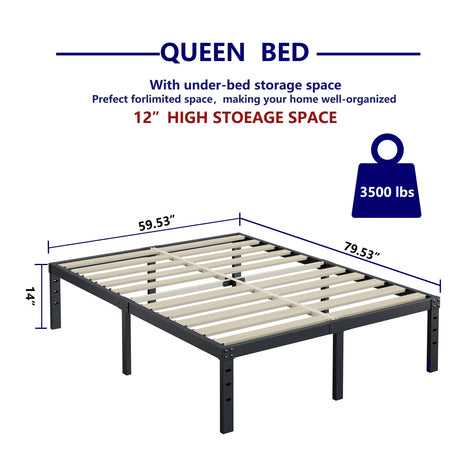 ZIYOO Queen Bed Frame 14 inch High 3 Inches Wide Wood Slats with Heavy Duty 3500 Pounds Support for Mattress, No Box Spring Needed, Easy Assembly, Noise Free ZIYOO