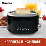 Mueller Retro Toaster 2 Slice with 7 Browning Levels and 3 Functions: Reheat, Defrost & Cancel, Stainless Steel Features, Removable Crumb Tray, Under Base Cord Storage, Black MÜELLERHOME