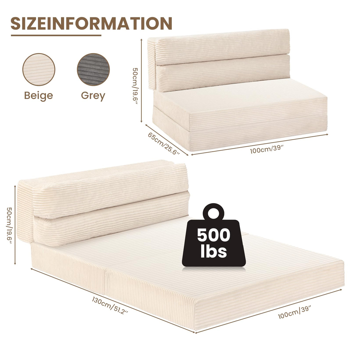 JUIKURY Folding Sofa Bed, Convertible Sleeper Chair with Pilow Foldable Matress, 2 in 1 Pull Out Loveseat Sofa Portable Fold Out Chair Bed Comfy Floor Couch Lounge for Living Room Bedroom,Beige,Twin JUIKURY