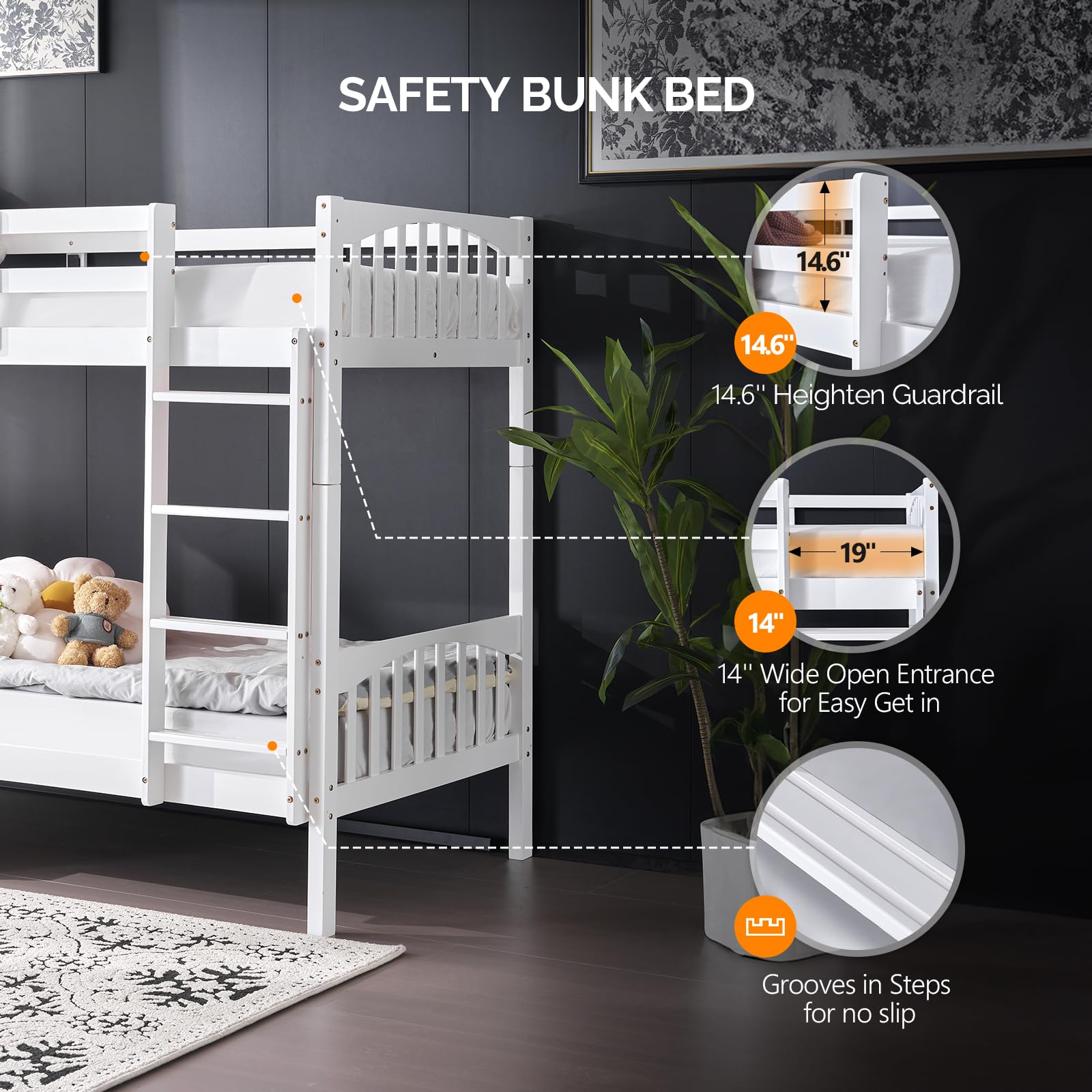 VINGLI Twin Over Twin Solid Wood Bunk Bed with LED Lights, USB Ports, and High Guardrails - White - WoodArtSupply