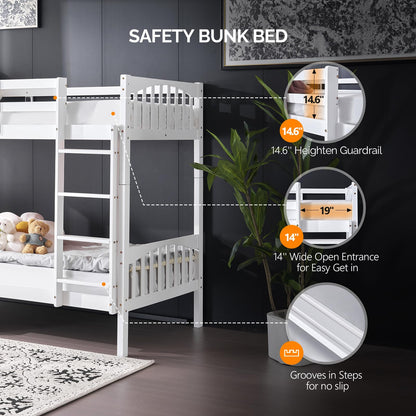 VINGLI Twin Over Twin Solid Wood Bunk Bed with LED Lights, USB Ports, and High Guardrails - White - WoodArtSupply