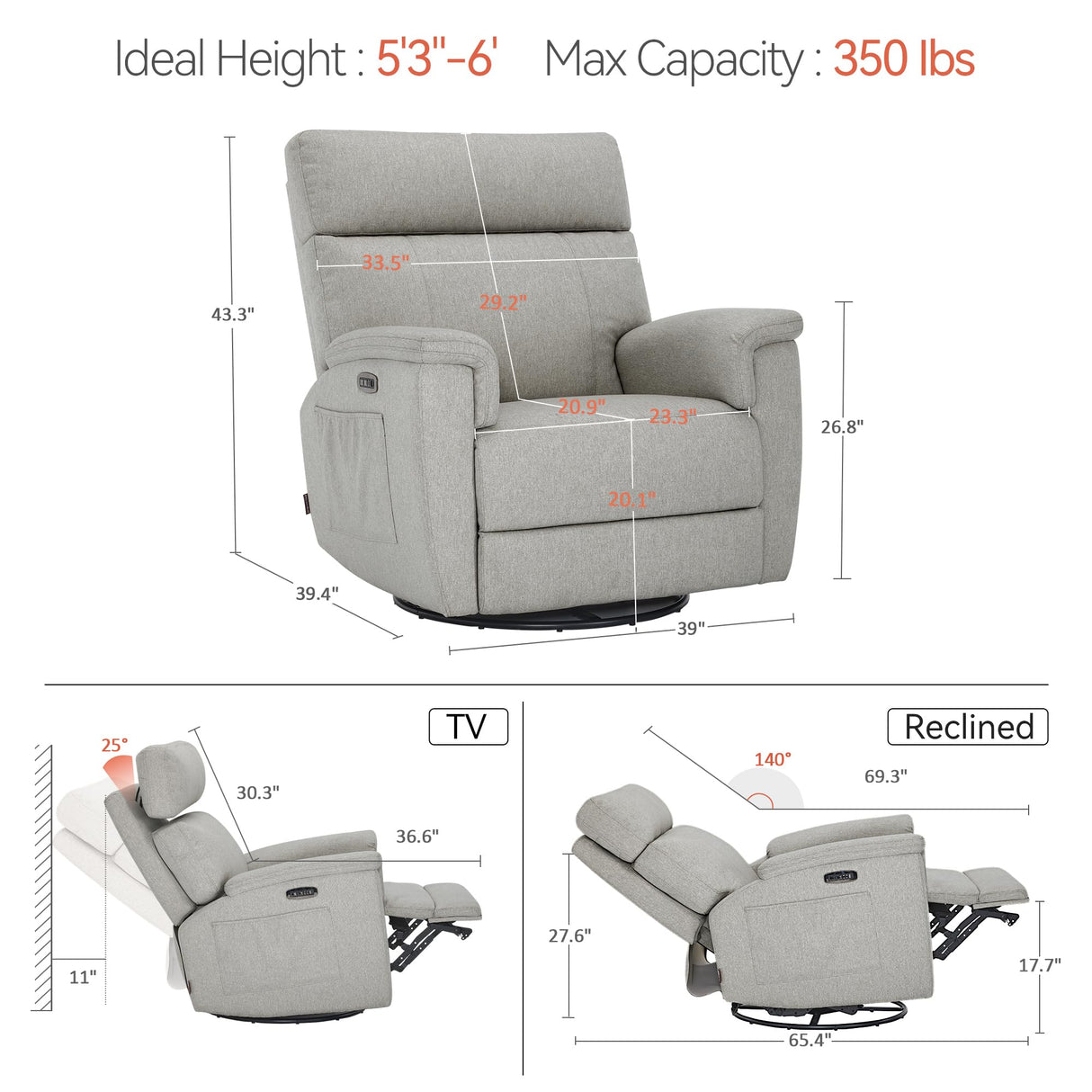 MCombo Oversized Swivel Glider Rocker Recliner with Adjustable Headrest, Dual Motor Power Recliner for Nursery, Led Nightlight, Fabric PR601 (Mist Grey) MCombo