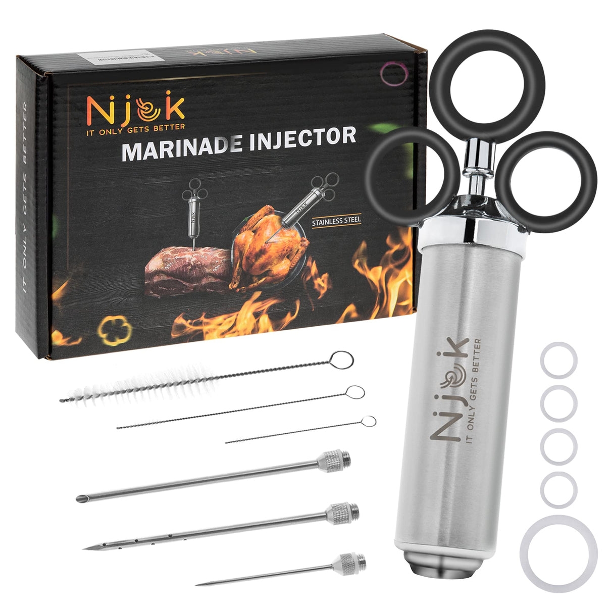 Njek Stainless Steel Meat Flavor Injector Kit, 2-oz Large Capacity with 3 Professional Needles, Marinade and Seasoning Injector Syringe for Beef, Turkey, Brisket, Sturdy and Heavy-duty for BBQ Grill Njek