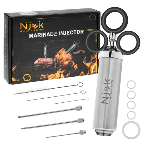 Njek Stainless Steel Meat Flavor Injector Kit, 2-oz Large Capacity with 3 Professional Needles, Marinade and Seasoning Injector Syringe for Beef, Turkey, Brisket, Sturdy and Heavy-duty for BBQ Grill Njek