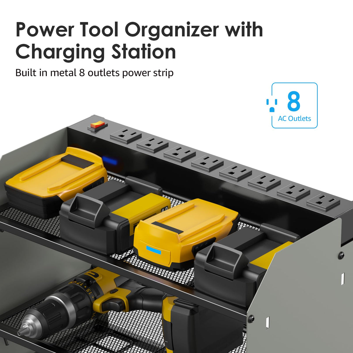 CCCEI Modular Power Tool Organizer Wall Mount with Charging Station. Garage Drill Storage Shelf with Hooks, Heavy Duty Rack, Tool Battery Holder Built in 8 Outlet. Gift for Men. Grey, 2 Pack. CCCEI