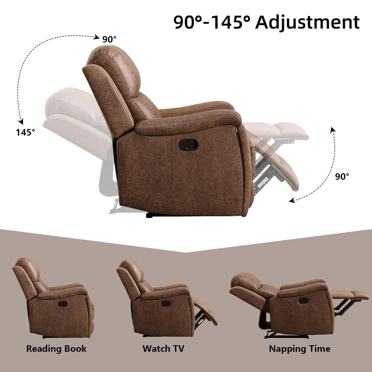 IOMOR Leather Recliner Chair, Manual Recliner Chair for Adults with Overstuffed Arms and Back, Single Sofa Recliner with Cup Holders for Living Room (1, Nut Brown) IOMOR