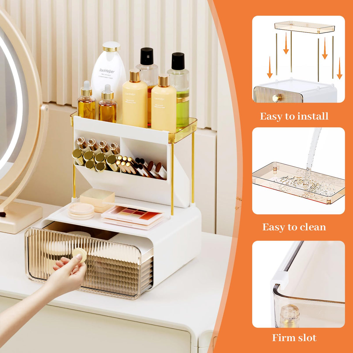StackHelper 2-Tier 1-Drawer Bathroom Counter Organizer, Multi-Purpose Makeup Organizer Countertop, Ideal for Present, Easy to Install, Suitable as Bathroom Organizers and Storage, Amber StackHelper