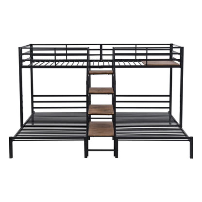 Harper & Bright Designs Metal Triple Bunk Bed with Stairs, 3 Beds Bunk Bed, Twin Over Twin & Twin Bunk Bed with Storage Shelves Staircase, for Kids Teens Adults, Black