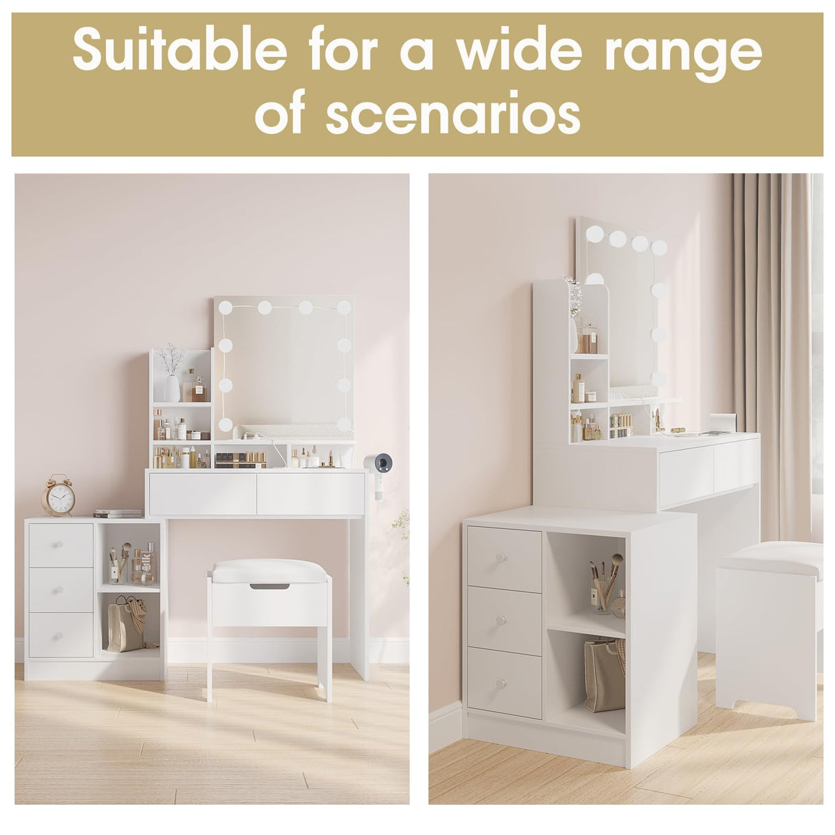 Fameill Makeup Vanity Mirror with Lights, Vanity with stools and Charging Station, LED Lights Makeup Mirror Vanity Set with 5 Drawers and Lots Storage Shelves for Women and Girls, White Fameill