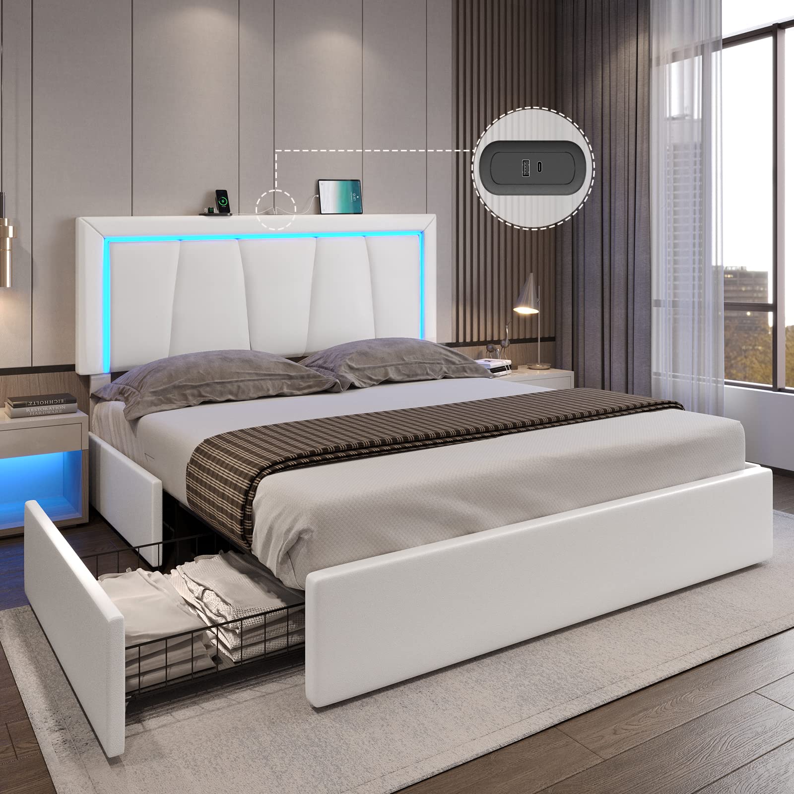 Modern DICTAC Full LED Upholstered Bed Frame with 4 Storage Drawers & USB Ports in White - WoodArtSupply