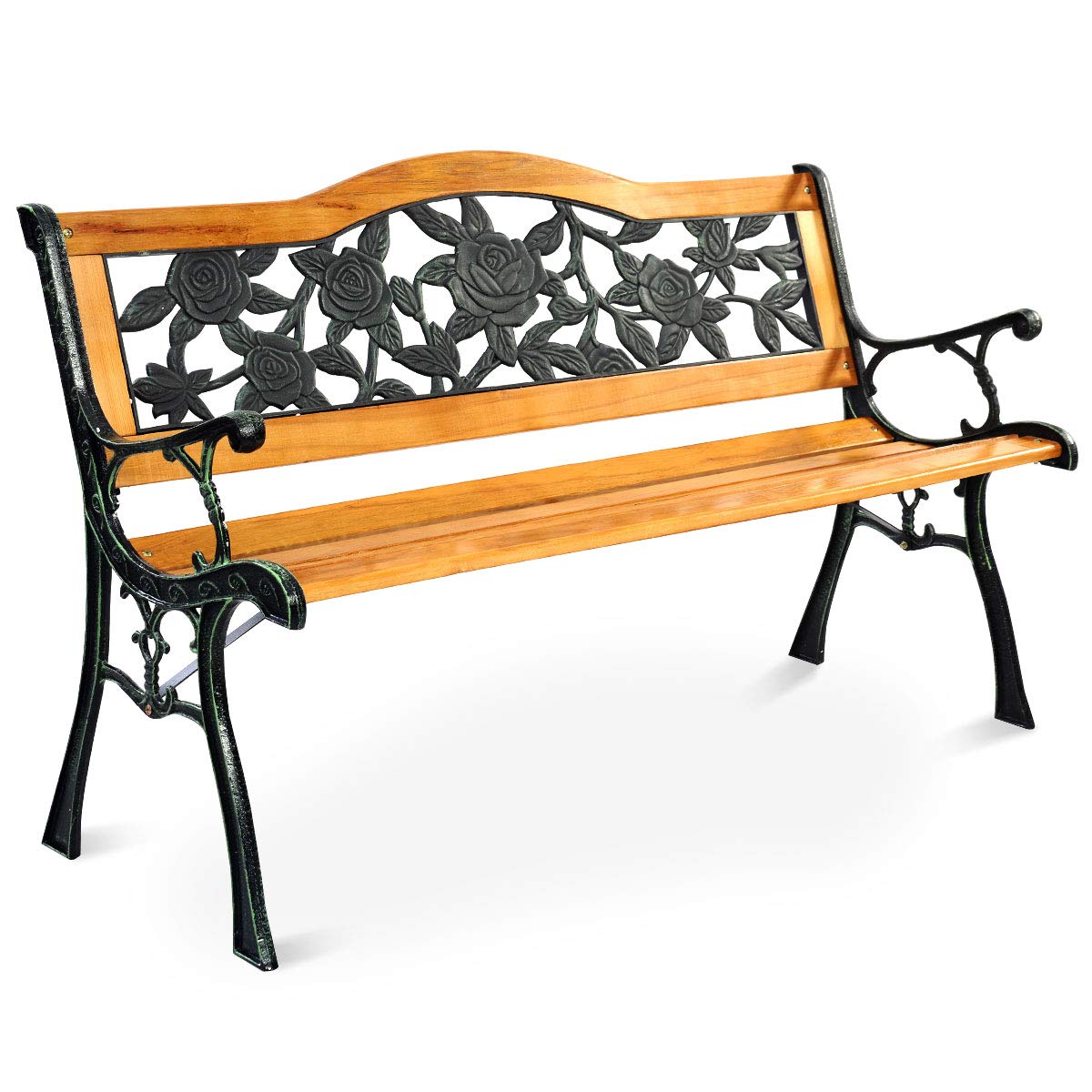 S AFSTAR Outdoor Garden Bench, Patio Bench with Large Rose Cast Backrest & Comfort Wood Seat, 470 LBS Load Capacity, Weather Proof, Durable, Easy to Assemble S AFSTAR