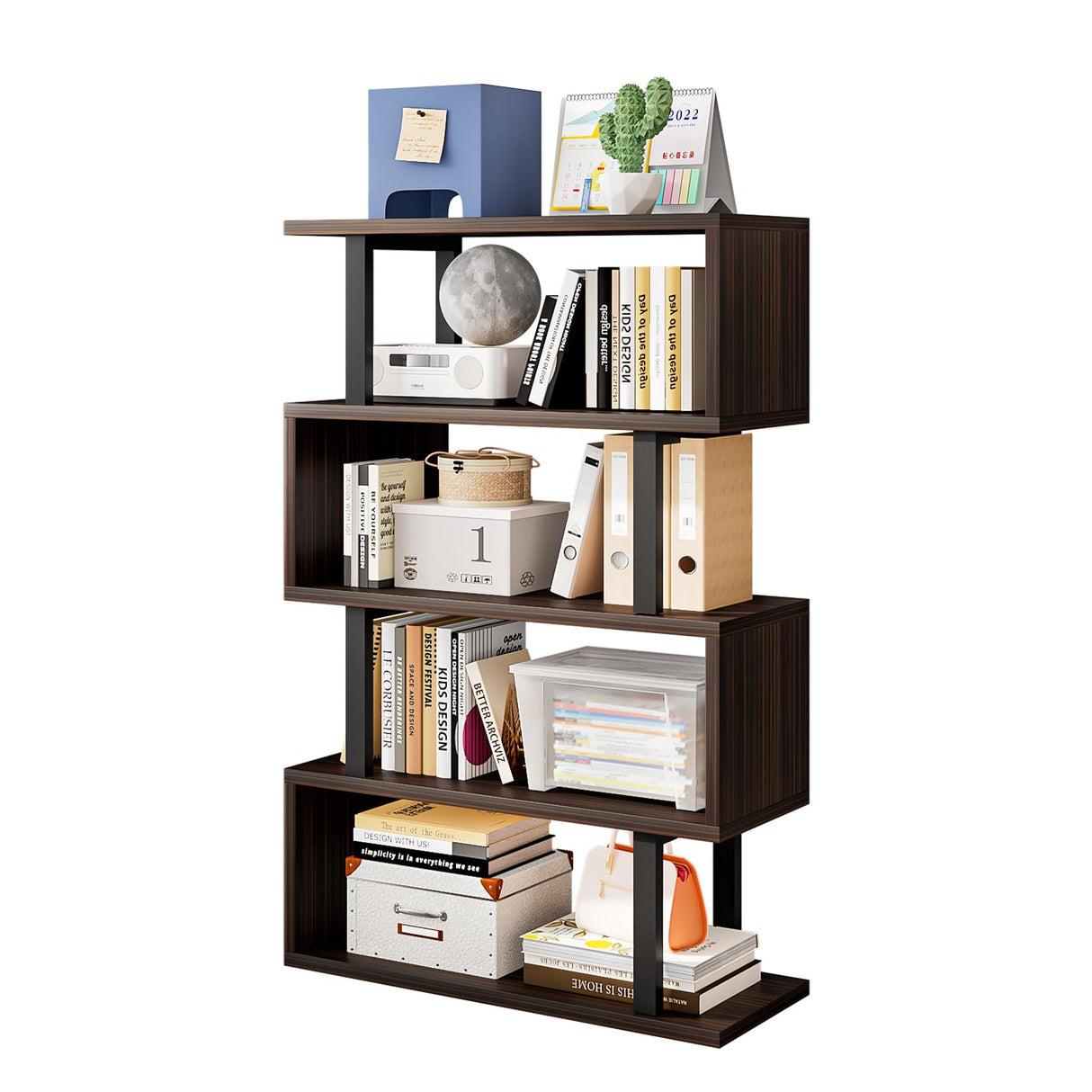 SORCEDAS Bookshelf Geometric Bookcase S Shaped Industrial Bookshelf Storage Display Stand Shelf for Living Room Bedroom and Office Room (Black, 4 Tier) SORCEDAS