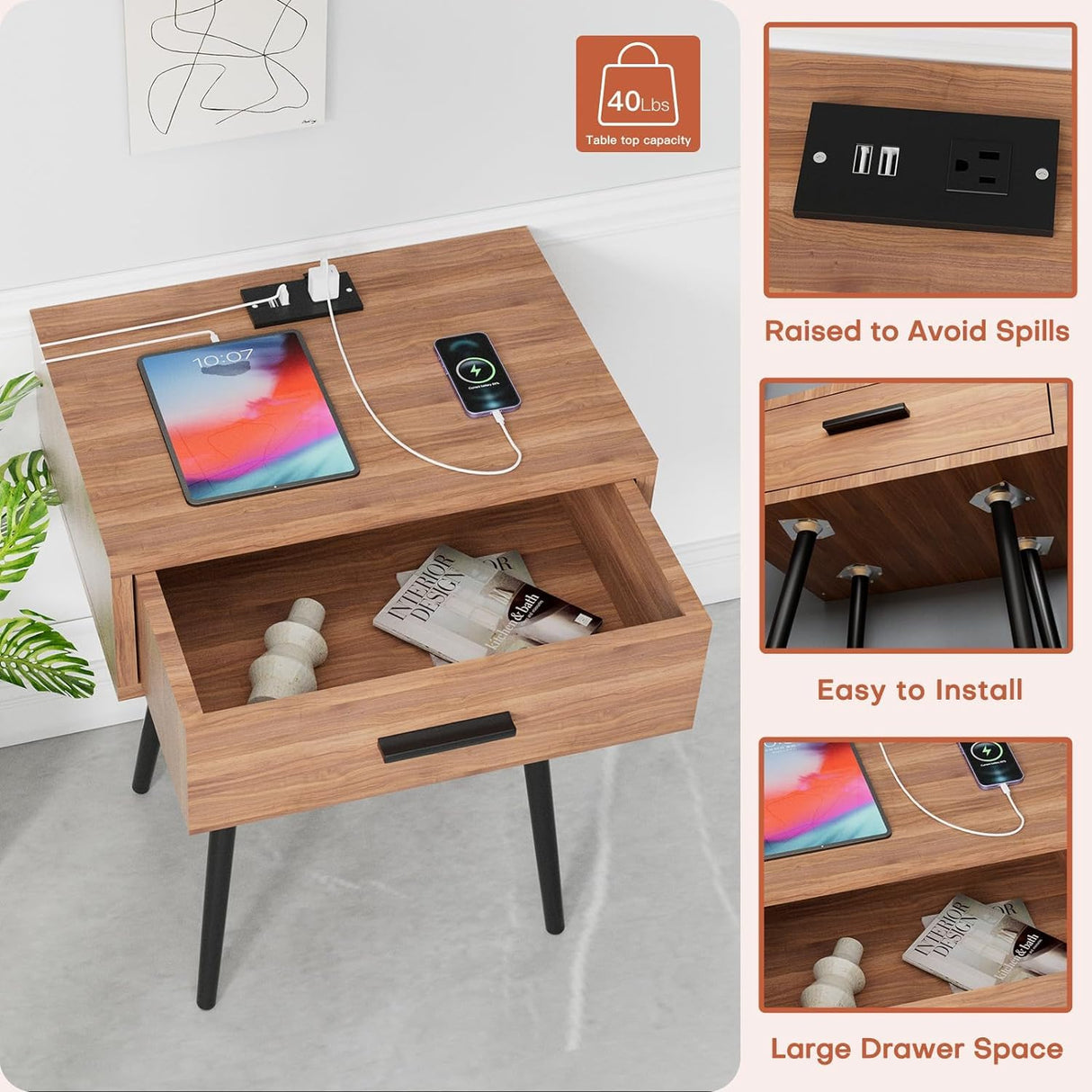 Our Modern Space 2 SET Nightstand with Charging Port and Wooden Drawers - Perfect for Small Side Table, Night Stand Night Stand - Walnut End Table, Dresser for Bedroom, Living Room, Dorm Our Modern Space