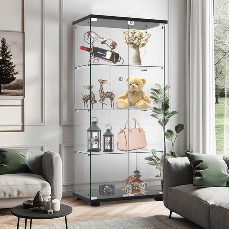Display Cabinet with Glass Door and Lock, 4-Shelf Fast Installation in 30 Mins Curio Cabinets with 5mm Tempered Glass Floor Standing Bookshelf for Bedroom, Living Room (65'' x32'' x14'', Black) WoodArtSupply