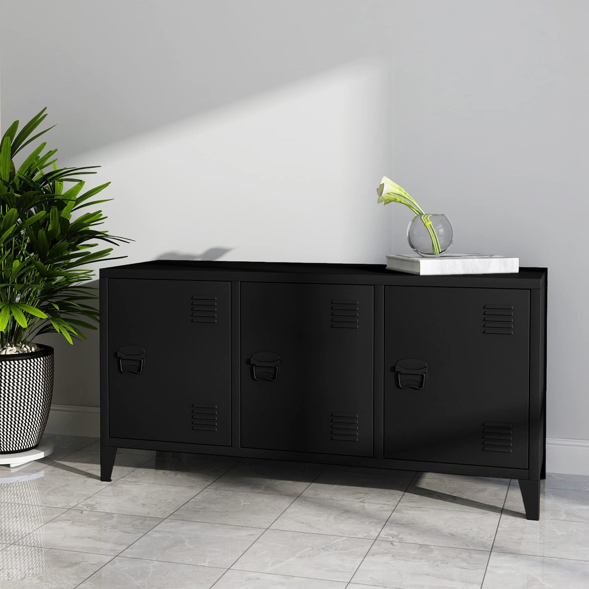 MIOCASA TV Stand Metal TV Table with Storage Steel 3 Door Locker Cabinet for Living Room (Black) MIOCASA