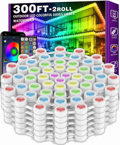 300FT Permanent Outdoor RGB Lights - IP67 Waterproof with Smart App Control Remote, DIY Scene Modes, Music Synchronization, Eaves Light for Garden Decor, Deck, Christmas, Party, Party, Halloween,Roof FBZ