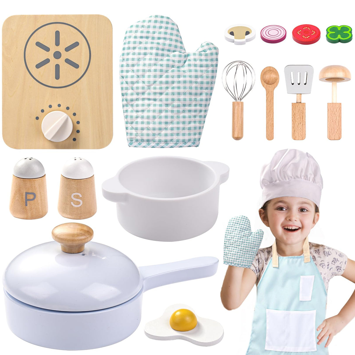 Wood Kids Play Kitchen Accessories Set, Pretend Play Cooking Toys Set, Kitchen Toys Playset for Toddlers, Toy Pots and Pans for Kids Kitchen with Fake Play Food Cookware, Girls Boys Gift umu