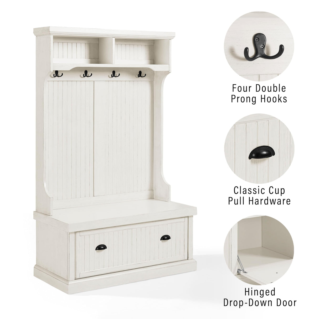 Crosley Furniture Seaside Hall Tree with Shoe Rack Bench and Coat Hooks for Hanging Storage, Distressed White Crosley Furniture