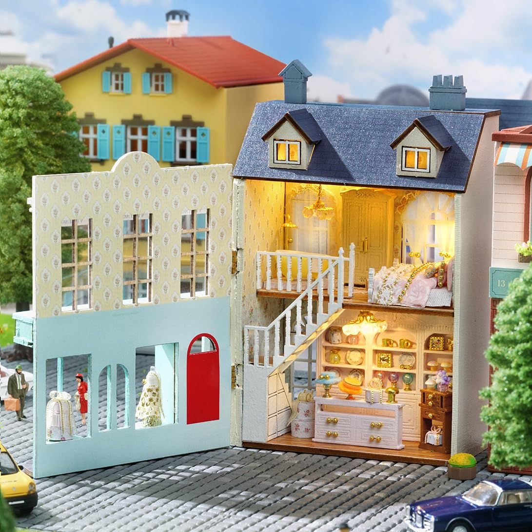 DIY Miniature House Kit, CUTEROOM Wooden Dollhouse Kit Mini House Making Kit with Furnitures, DIY Dollhouse Kit Birthday Gift for Women and Girls (Gift Shop) CUTEROOM