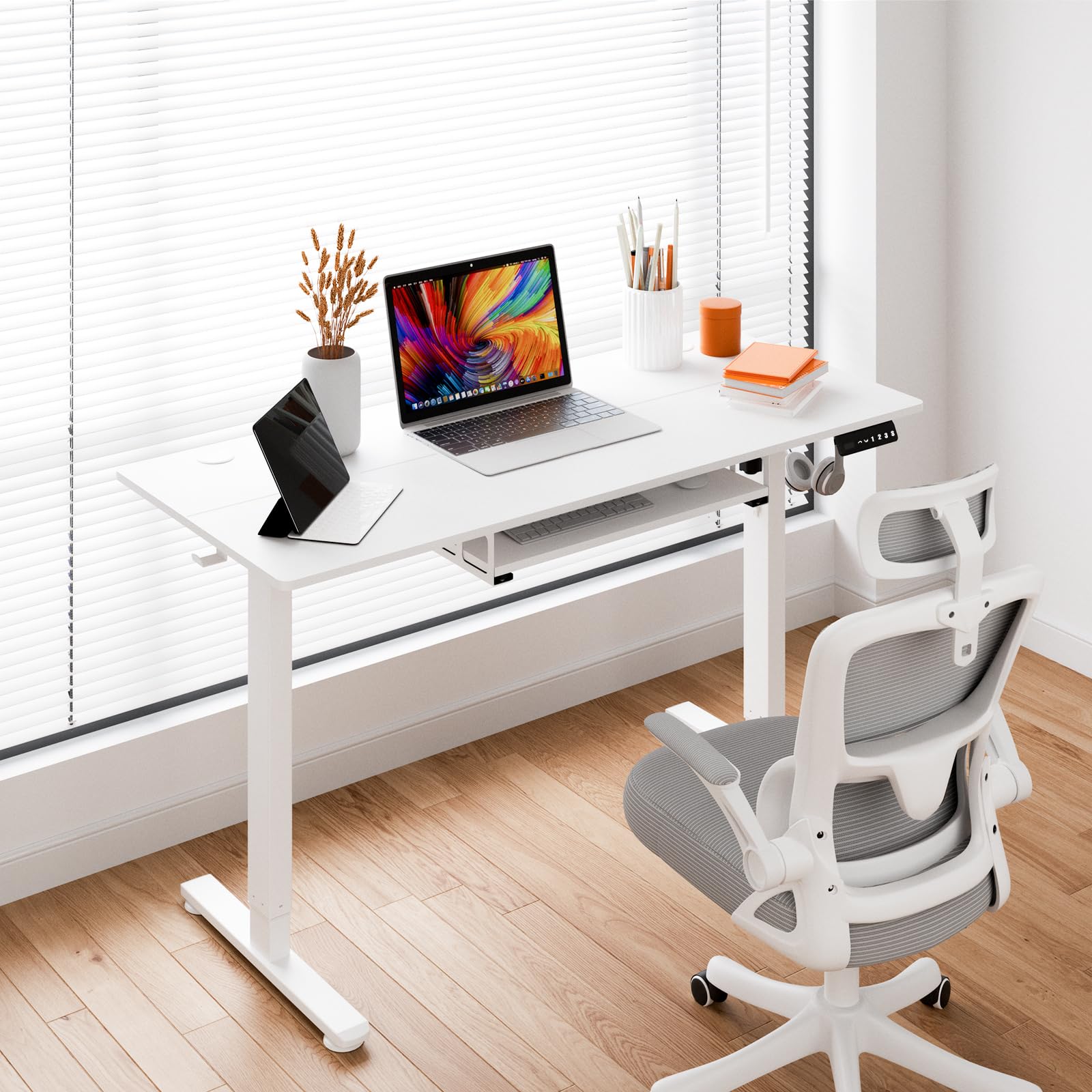 CROWNFURN Electric Standing Desk with Keyboard Tray, Adjustable Height Stand Up Desk for Home Office, 48x24 Inches Sit Stand Desk Computer Workstation, White Frame & Desktop - WoodArtSupply