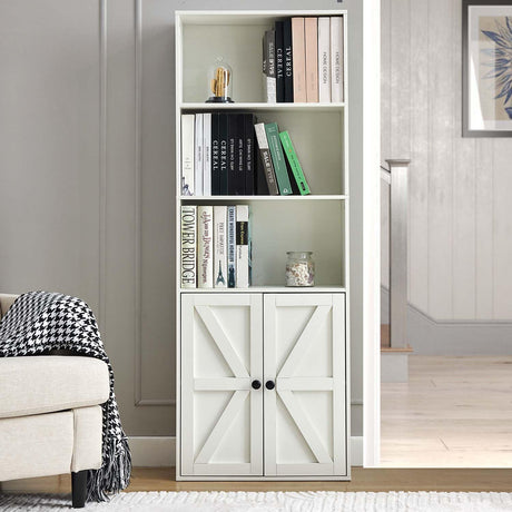White 5-Tier Bookshelves for Living Room, Farmhouse Tall Bookcase with Doors, Wooden Bookshelf with Storage Cabinet and Shelves for Living Room, Home Office Stabrech