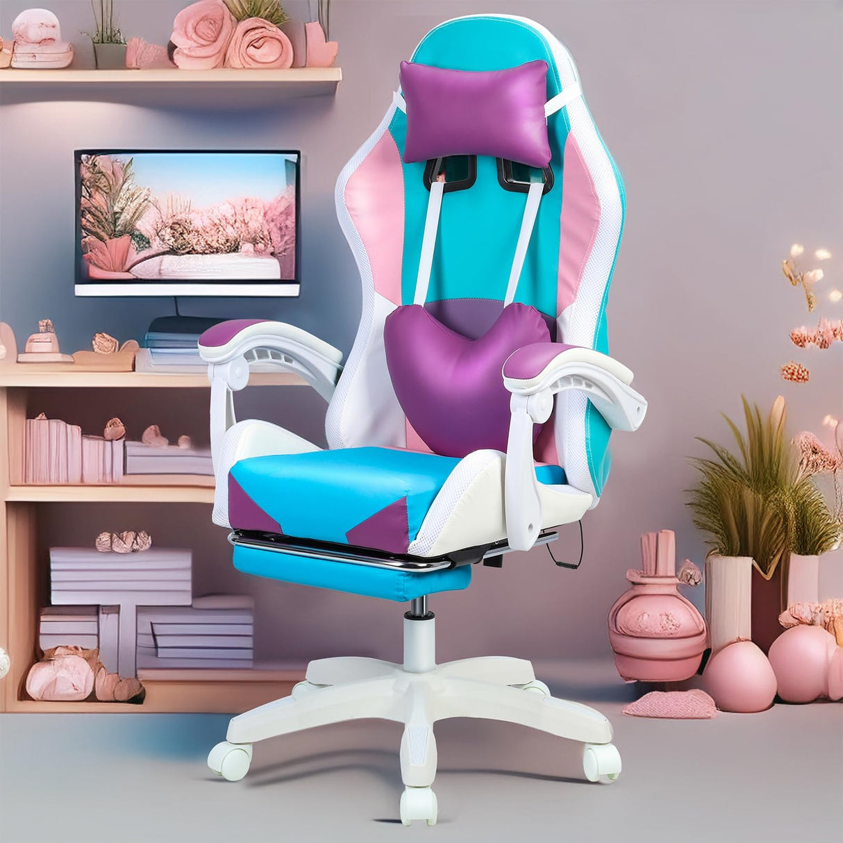 BESUFY Gaming Chair with LED Lights, Girl Video Chair, Ergonomic Computer Chair with Massage and Footrest, Heart Backrest, Height Adjustable Swivel Reclining Video Game Chairs for Adults Purple BESUFY