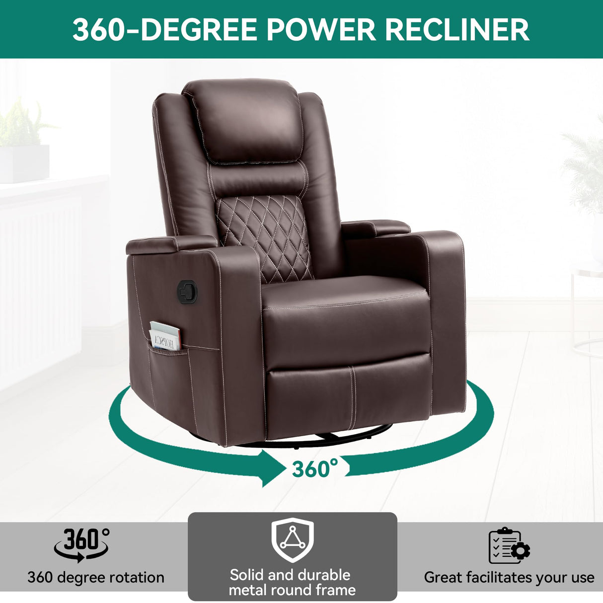 YITAHOME Swivel Rocking Recliner with Massage and Heat, Hidden Arm Storage, Faux Leather Rocker Recliner Chairs with Cup Holders, Comfy Home Theater Seating, Manual Recliner for Living Room, Brown2 YITAHOME