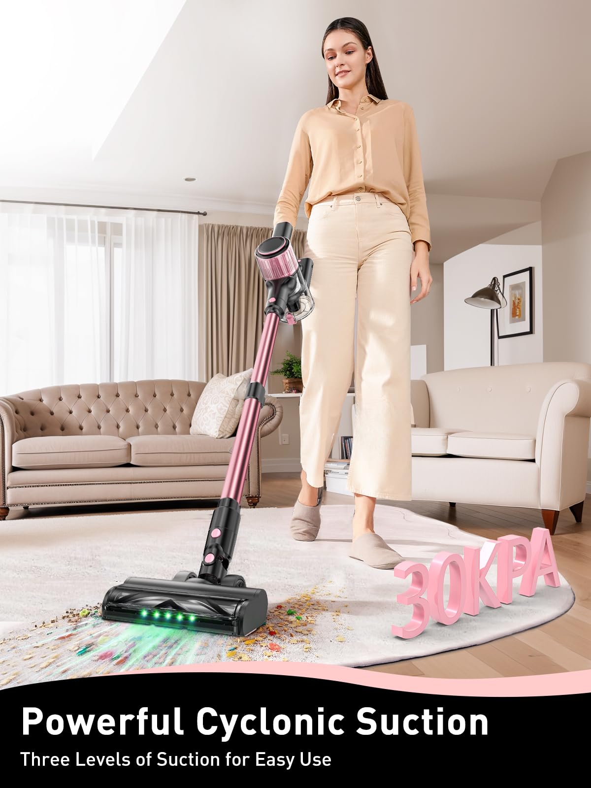VICEASE Cordless Vacuum Cleaner, 8 in 1 Powerful Suction Lightweight Vacuum Cleaner for Home, LED Display, 3 Suction Modes, 45Mins Detachable Battery Vacuum for Hard Floor Carpet Pet Hair, Pink VICEASE