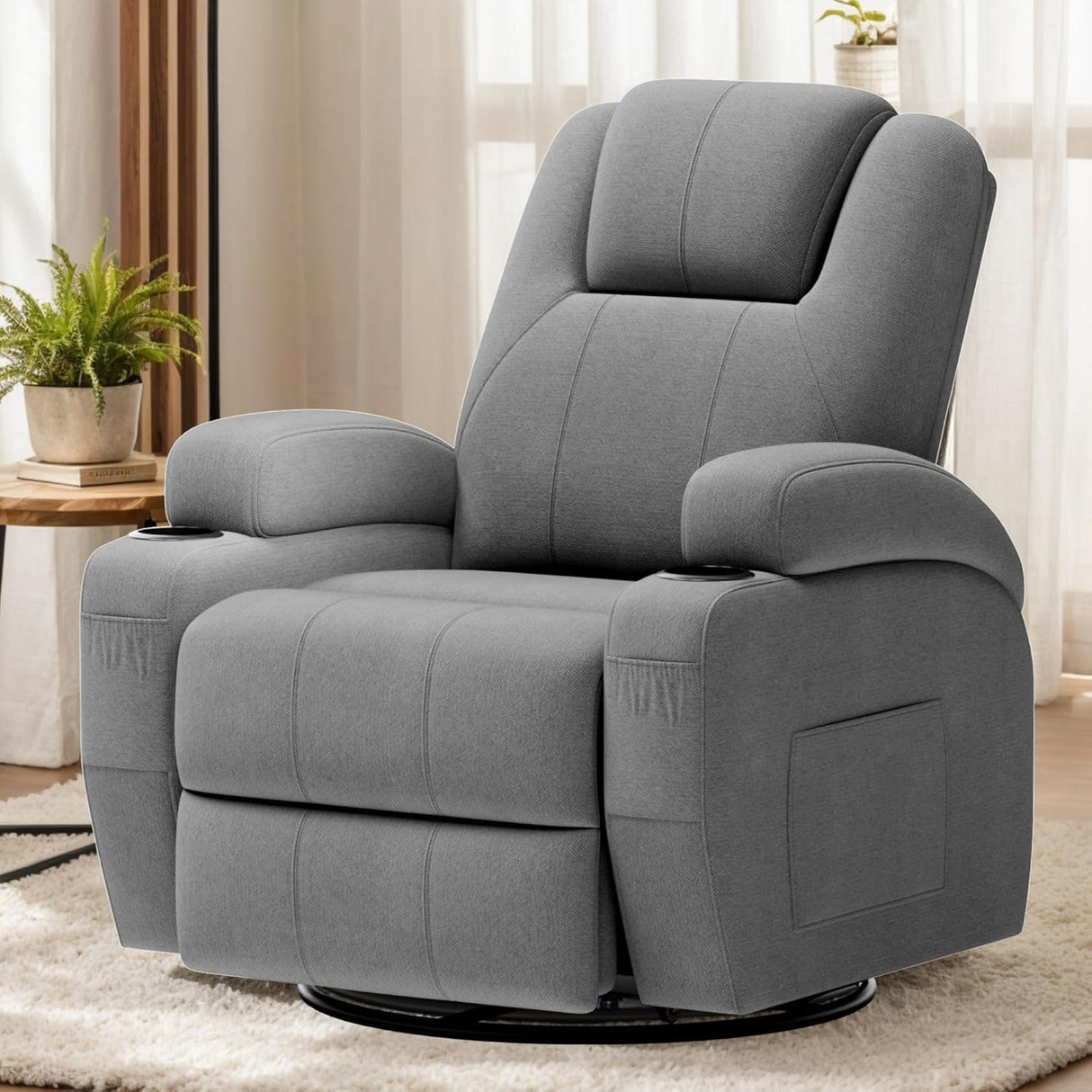 Flamaker Swivel Rocker Recliner Chair with Vibration Massage, 360° Swivel Recliner Chairs for Adults Ergonomic Lounge Chair with Cup Holders Lazy Boy Recliner Single Sofa Seat (Fabric, Gray) Flamaker