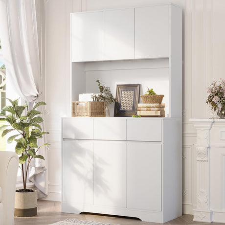 YBXGO 71'' Kitchen Pantry Cabinet with LED Light and Charging Station, Tall Kitchen Hutch Storage Cabinet with Microwave Stand, Modern Buffect Cabinet with Adjustable Shelves, Handless Design, White YBXGO