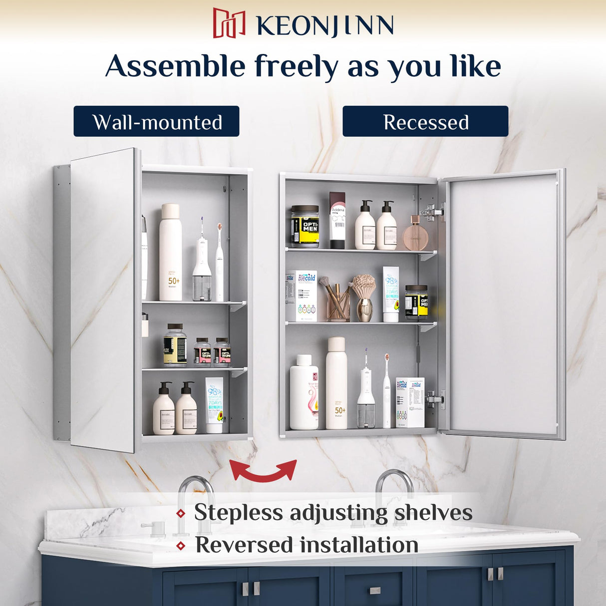 Keonjinn Small Medicine Cabinet 14 x 18 Inch, Assembly Needed, Bathroom Medicine Cabinets Mirror, Lightweight, Adjustable Shelves, Wall Mount or Recessed, Tempered Glass Keonjinn