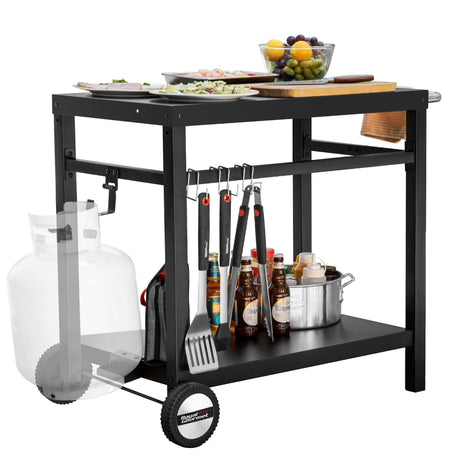 Royal Gourmet Dining Cart Table with Double-Shelf, Movable Stainless Steel Flattop Grill Cart, Hooks, Side Handle, Multifunctional PC3401B (Black) Royal Gourmet