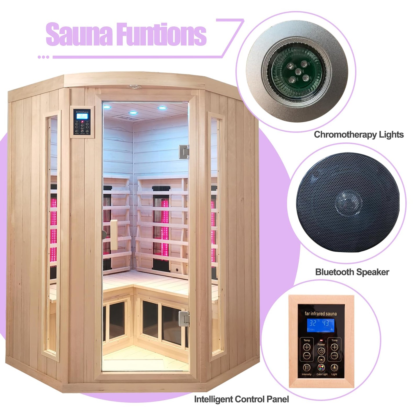 KUNSANA Ceramic Infrared Saunas for Home, 2-3 Person Infrared Sauna, Low EMF Indoor Sauna, Home Sauna, Hemlock Wooden Sauna Room with Bluetooth Speakers, Reading Lamps, Chromotherapy Lights - WoodArtSupply