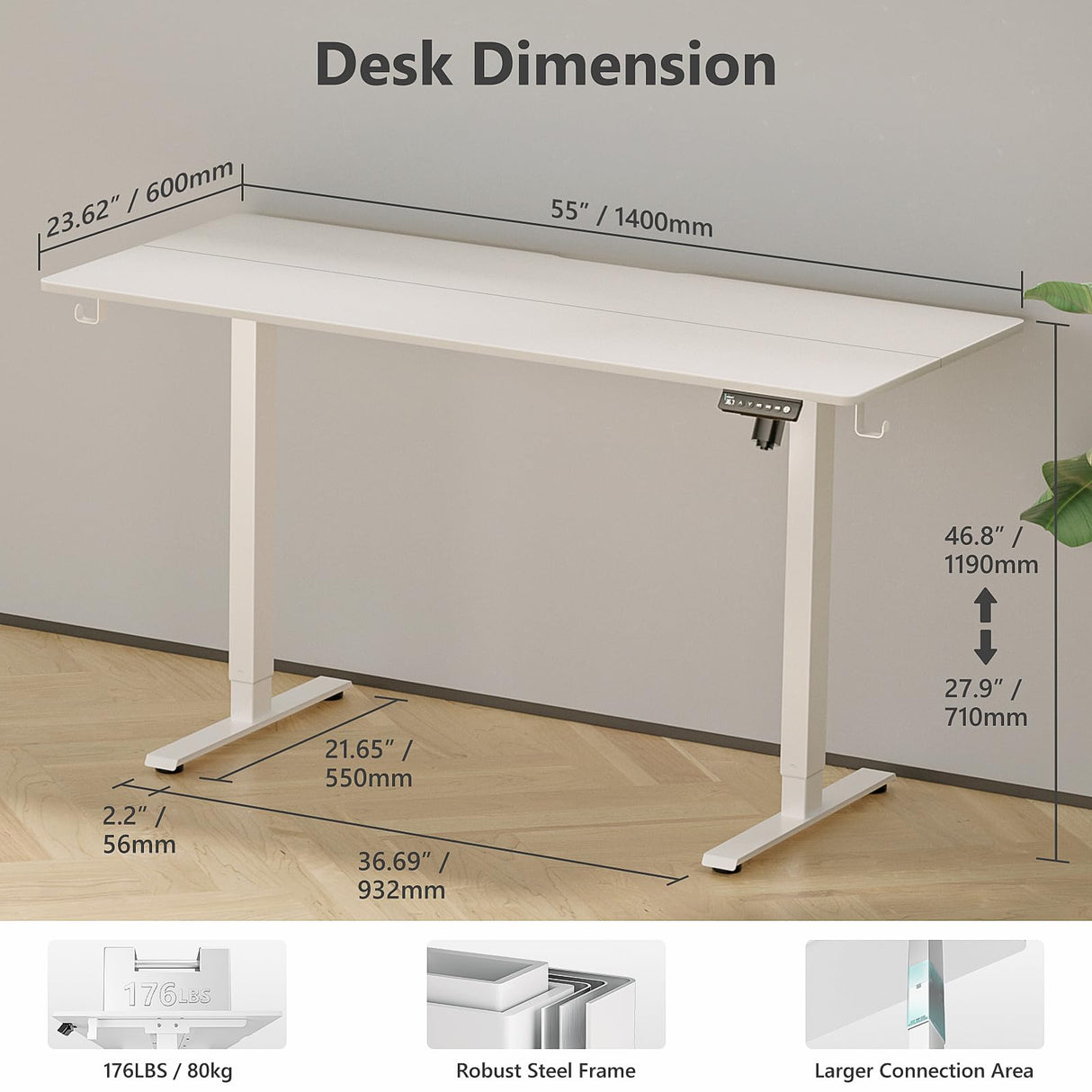 VVENACE 55 x 24 Electric Standing Desk Adjustable Height 4 Memory Preset, 4 Wheels, 2 Headphone Hook, Home Office Desk, Stand Up Sit Stand Desk Computer Table, Splice Board White VVENACE