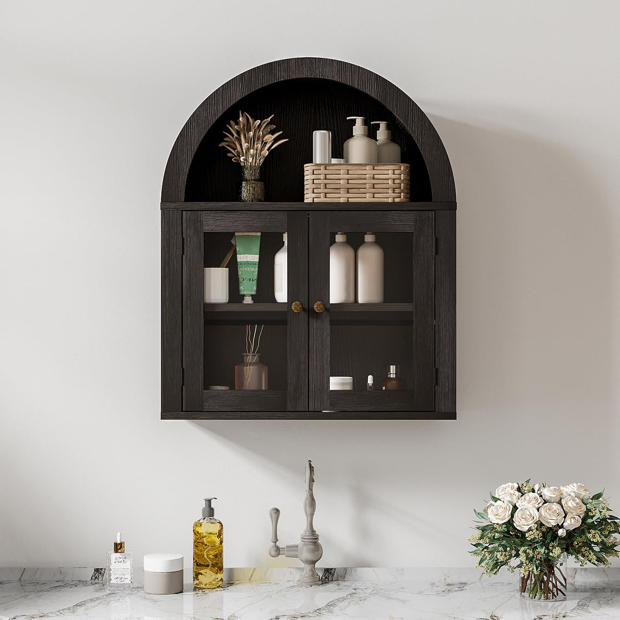 ChooChoo Modern Arched Wall Cabinet Bathroom Medicine Cabinet with Adjustable Shelf, Wall Mounted Cupboard Storage Organizer for Laundry Room, Dining Room, Living Room, Kitchen (Black) ChooChoo