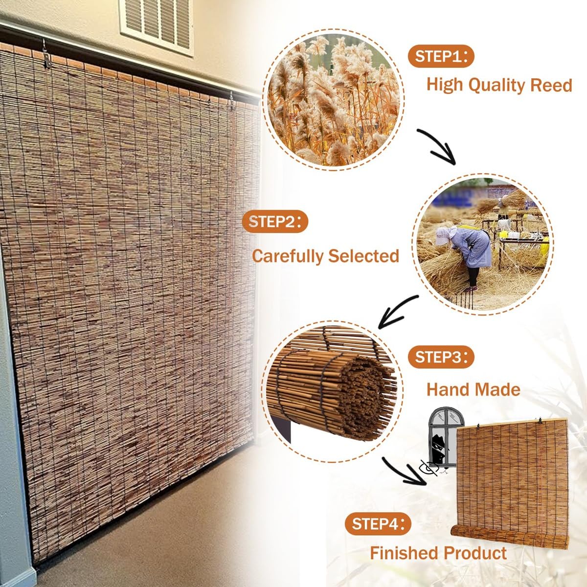 Bamboo Roller Blinds for Living Room Windows, Sun Bamboo Window Blind 15" 20" 22" 24" 26" 28" 30" 32" 34" 36" 38" 40" 42" 44" 46" 48" 50" 52" 57" 62" 67" 72" Roll-up Shade Customizable Cordless Cocoa WoodArtSupply