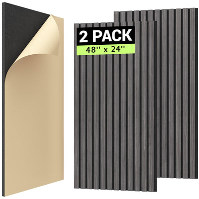 TONOR 2PCS Wood Slat Panels, 48” x 24”Adhesive Acoustic Panels for Wall, Decorative 3D Fluted Panels for Sound Absorbing, Soundproof Panels with Wood Finish for Living Room, Ebony Wood Black
